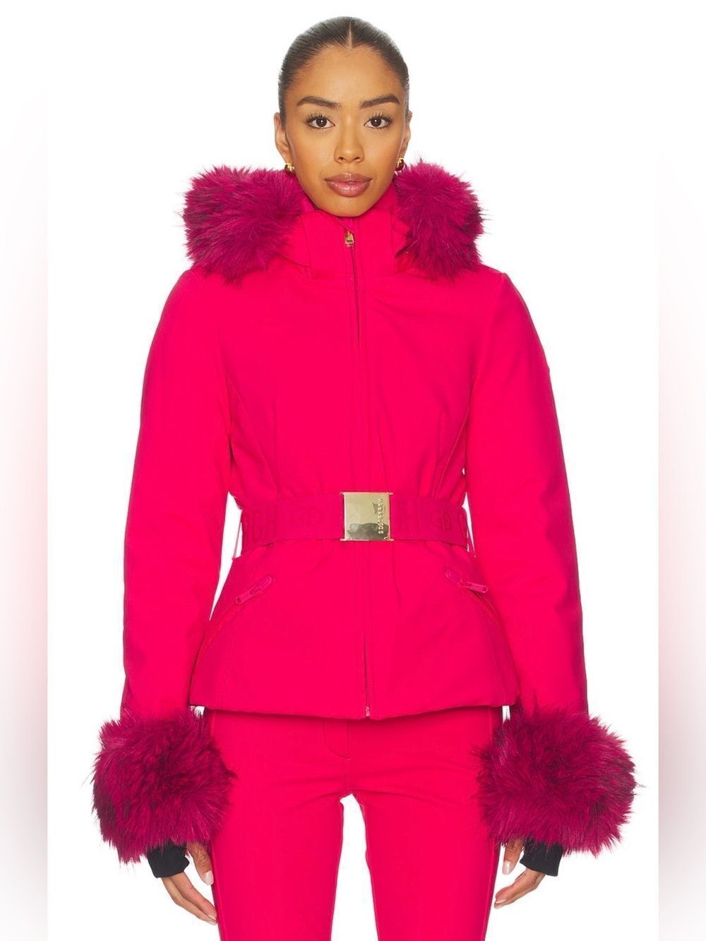 Goldbergh Giselle Belted Ski Jacket with Faux Fur Border Italian Rose Pink NWT 4
